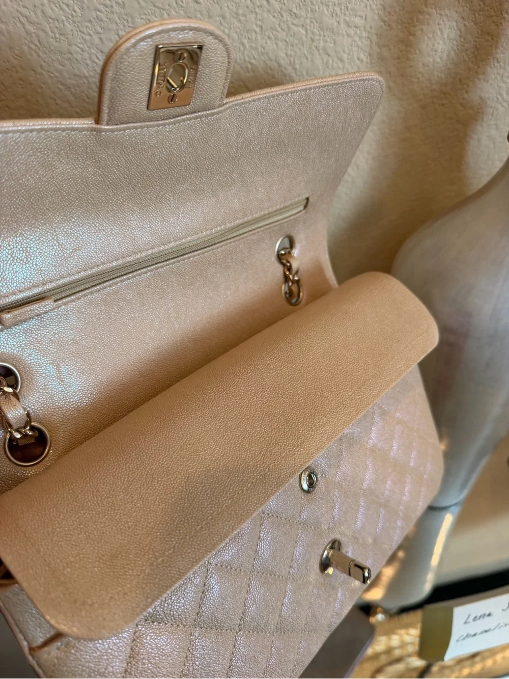 CHANEL Quilted Double Flap Shoulder Bag in Light Beige with Gold Hardware